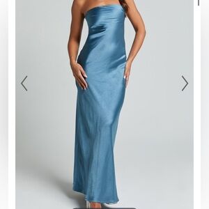 SHOWPO STRAPLESS COWL BACK SATIN DRESS IN STEEL BLUE. Brand New. Size 2. Maxi.